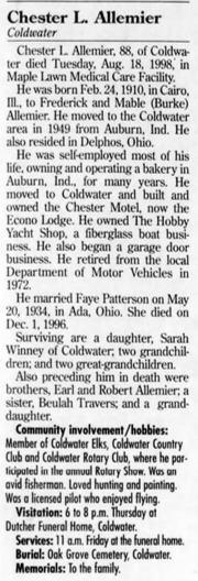 Chester Motel (Econolodge) - 1998 Obit For Owner